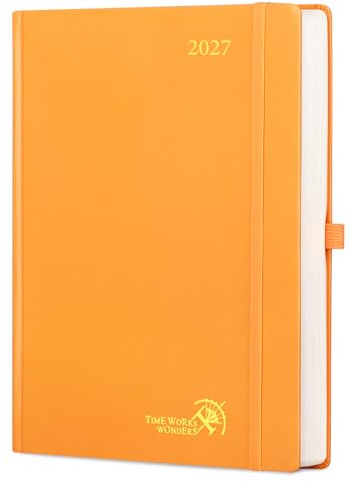 POPRUN Tagesplaner 2027 Kalender A4 Hardcover 1 Tag 1 Seite, Stiftschlaufe | 12-Monate-Terminplaner(Jan.2027-Dez.2027), 80 GSM Papier, mit Plastiklineal, für Büro & Studium(Orange)