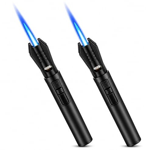 CYJBAO 2 Pack Lighter - Windproof Adjustable Jet Flame with Visible Fuel Window, Mini Portable Refillable Butane Lighters for Outdoor & Kitchen (Without Butane)-Black