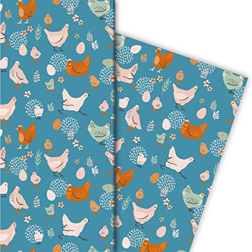 Lustiges Hühner Geschenkpapier mit Küken und Eiern auch zu Ostern, blau, für schöne Geschenk Verpackung zum Einpacken 32 x 48cm, 4 Bögen für Geburtstage, Hochzeit, Weihnachtsgeschenke, Dekorpapier