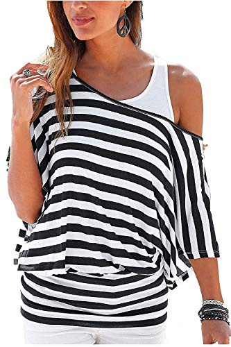 Uniquestyle Femme Tee Shirt Rayé Femme Été Deux Pièces Rayure 2 pièces Chemises Off épaule Blouse Black1 XXL
