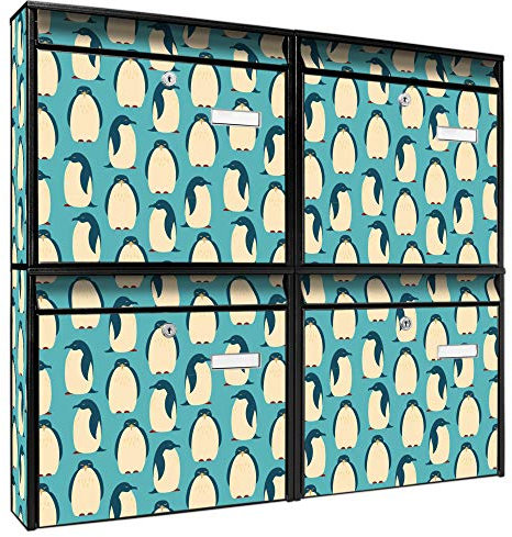 banjado Briefkastenanlage 4 Fach - Postkästen groß - verzinkter Stahl schwarz DIN A4 Motiv Königspinguine - Briefkasten Set 4 Briefkästen Namensschild, 2 Schlüssel, Montagematerial