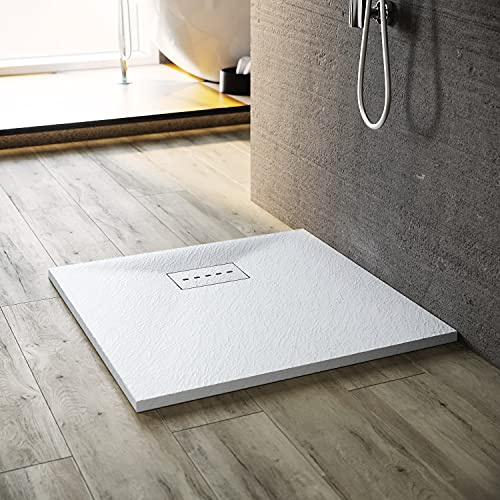 SONNI Piatto doccia 90 x 90 cm, effetto ardesia e struttura antiscivolo, bianco super piatto, con sifone