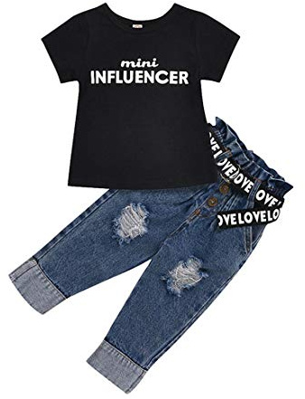Verve Jelly Camiseta de algodón de manga corta para niñas, ropa de verano con jeans rasgados, pantalones de mezclilla de 2 piezas, conjunto de trajes de moda 130 Negro 5-6 años