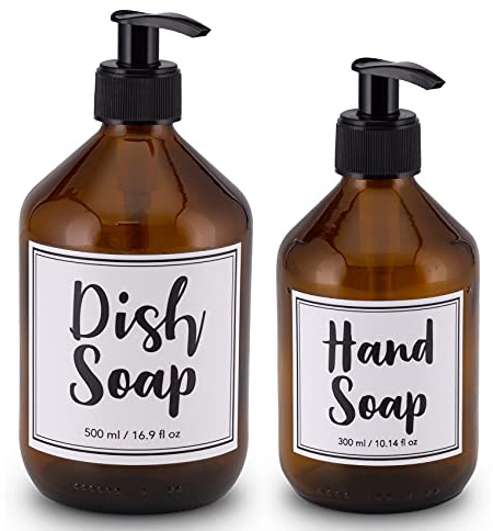 Lifestyle Lover 2er Pack Seifenspender aus Braunglas, Bernsteinfarben für Seife Spüli Shampoo Lotionen Braun Glas, Dish Soap 500ml, Hand Soap 300ml