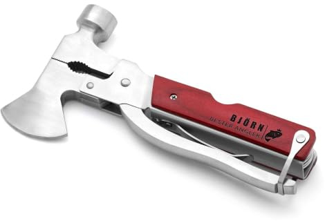 Maverton Multifunktionswerkzeug mit Gravur - kompaktes Multitool - personalisiert - aus Edelstahl + Holz - Geschenk zum Geburtstag für Männer - Dunkelbraun - Fisch