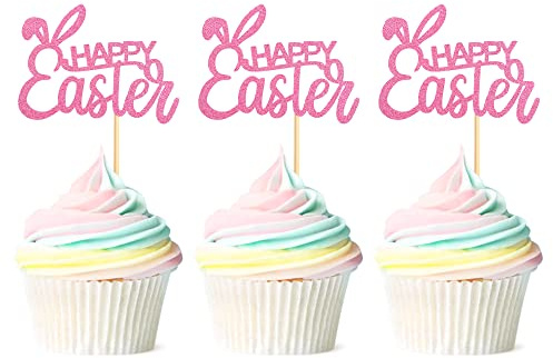 Blumomon 24Pcs Happy Easter Cupcake Toppers Pink Glitter Bunny Ear Cupcake Picks Happy Easter Theme Party Cake Decorations Supplies