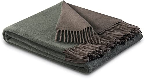 biederlack® samt weiche Kuscheldecke Wool-Mix Grün-Braun I aus Wolle und Kaschmir I GRS Zertifiziert I Plaid in 130x170 cm | hochwertige Sofadecke mit Fransen | Wohn-Decke in top Qualität