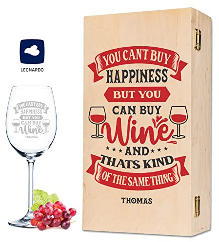 GRAVURZEILE Leonardo You can't buy happiness Copa de vino (grabado con nombre personalizado, incluye caja de madera impresa, regalo de cumpleaños para él y ella, copa de mensaje para los verdaderos