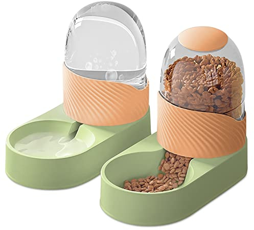 ALLSOPETS Pet Automatic Feeder and Waterer Set Dogs Food Feeder and Water Dispenser 2 in 1 Cat Food Water Dispensers for Cats Kitty Dogs Puppy Green Orange