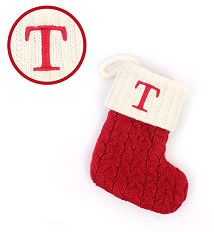 Evemri Christmas Stockings with Initials, 7.1 Inches Small Embroidered Letter Knit Red White Christmas Stocking for Family Holiday Decorations and Xmas Tree Fireplace (T)
