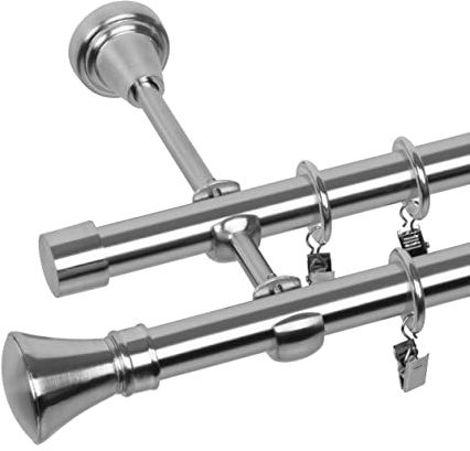 RENA Gardinenstange Vorhangstange 2-läufig - 19 mm - aus Metall - Lautlose Rollen - Komplettset - Edestahl Optik 240cm Monako