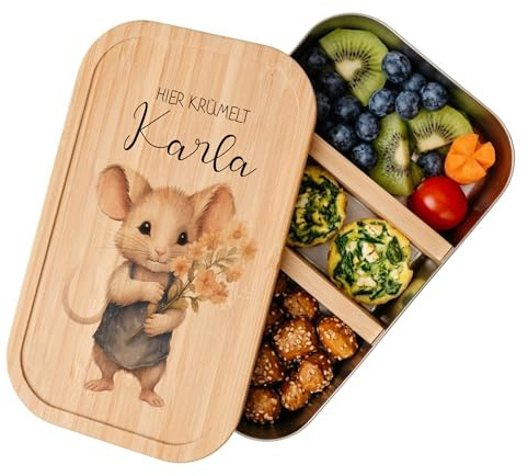 Manufaktur Liebevoll | Brotdose mit Namen für Kinder aus Edelstahl u. Bambus | Personalisiertes Geschenk u.nachhaltige Geschenkidee für Mädchen u. Jungen | Lunchbox (Motiv Maus)