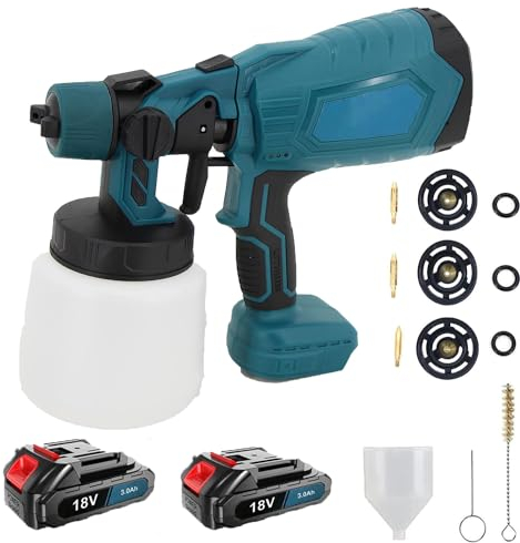 Akku Farbsprühsystem, Elektro Lackierpistole mit 3 Düsen, 3 Spritzmuster,1000ml farbsprühgerät,zum Streichen von Wänden Gartenzaun (2x3000mAh Akku und Ladegerät)