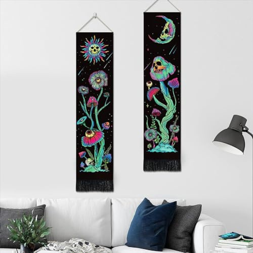 Ricemru Wandteppich Schmal Lang Pilze Fantasy Schädel Schwarzlicht 2er Set Wandbehang Psychedelic Trippy Gothic Skelett Sonne Mood Wandteppiche Wanddeko Wandkunst Deko mit Quaste