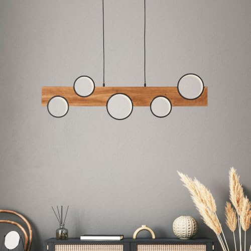 Lightbox LED Pendelleuchte schwarz & Holz, höhenverstellbare Lampe | Dimmbare Hängelampe mit 5 Lichtkreisen, 34 W, 4100 lm, 3000 K, außergewöhnliches Lichtspiel für moderne Räume