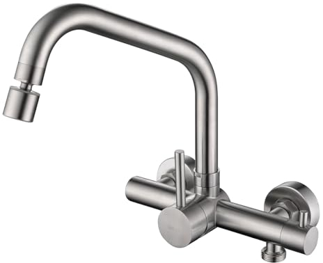 ONECE Robinet Mural de Cuisine avec Interface 3/4 au Lave-vaisselle, Mitigeur Evier 2 Jets d'eau, Robinettrie avec Bec Rotatif, Robinet Encastré Pivotant à 360°, Brossé en Acier Inoxydable 304