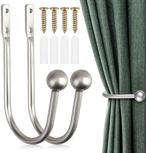 2PCS Curtain Tie Backs Hooks, Metal Curtain Holdbacks, Window Curtain Holder, Wall Mounted Curtain Tie Backs With Screws, Drapery Holdbacks for Fixed Curtain or Hanging Items (Silver)