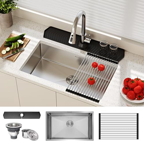 Gaomasck Lavello da cucina in acciaio inox spazzolato, Lavabo Sottopiano con tappetino drenante in silicone, vasca singola profondità 20,3 cm.