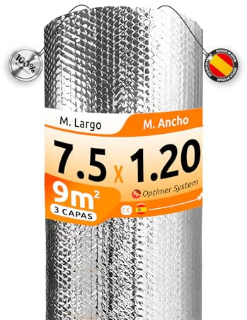 AISLANTE TERMICO MULTIUSOS PREMIUM | Reduce el Frio y el Calor |100% ALUMINIO| Rollo Aislante Termico para Ventana, Pared, Suelo, Techo, Coche, Garaje [ 1.20 X 7.5m ] (9m²) sin cinta