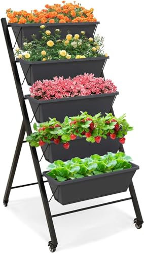 Garden Vertikalbeet Mit 5 Senkrechten Etagen,vertikales Hochbeet Blumenkasten & Balkon Beet Mit 5 Pflanzkasten Metall Rahmen Stabil Mit Rollen, Für Blumen Kräuter & Gemüse-Schwarz||57 x 68 x 117 cm