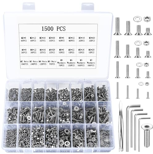 1500 Pièces Vis à Six Pans Creux, Écrous et Rondelles - Tête Fraisée et Plate Pour Machine, Cylindriques en Acier Inoxydable M2 M3 M4 M5