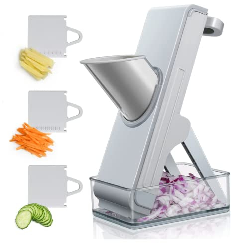 CVNIMV Cortador de Verduras, para Patatas, Verduras, Carne, cebollas, mandolina Vertical, rebanadora con contenedor, ajustador de Espesor, Cuchillas múltiples