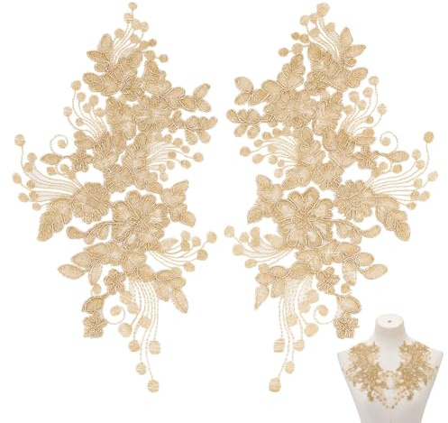 HOBBIESAY 2 Paar Blumenstickerei Spitzen Applikationen Gold Polyester Blumen Aufnäher Zum Aufbügeln Reparaturflicken Nähen Basteln Dekoration Applikationen Für Hochzeitskleid Abendkleid Kostüm