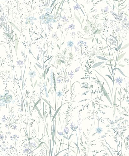Grandeco Free Flower Sprigs and Grass Wallpaper, Lilac Blue Green