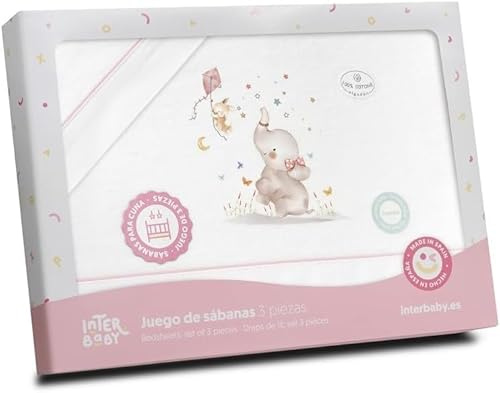 Danielstore - Juego de Sábanas para Cuna 60 x 120 cm Bebé - Sábanas de Invierno Tejido Franela - Modelo Elefante - Incluye Sábana Bajera + Sábana Encimera + Funda Almohada (1.0 Elefante Rosa)