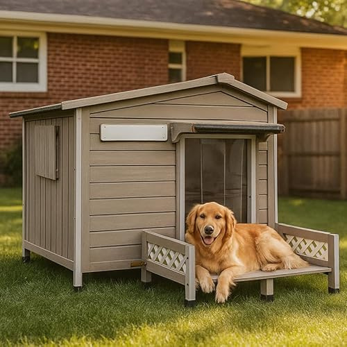 Gowoodhut Dog House Outdoor Wooden Dog Kennel Outdoor Weatherproof Chew-Proof Iron Frame, Removable Floor and Adjustable Window for Large Dogs(Gray, 34.6 L x 25.6 W x28.2 H)