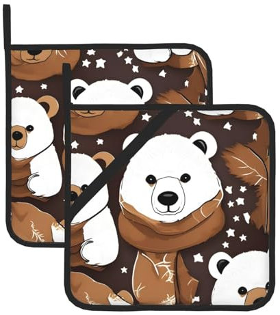 Set di 2 presine a forma di orso bianco con orso marrone, da usare per cuocere a microonde, servire il forno e grigliare