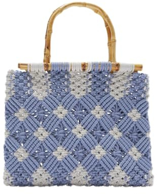 Crochet Tote Bags for Women Summer Beach Woven Bag Basket Tote Bag Beach Boho Summer Straw, Holiday Handbag Travel Bamboo Bag Handles Cotton Rope (Blue)
