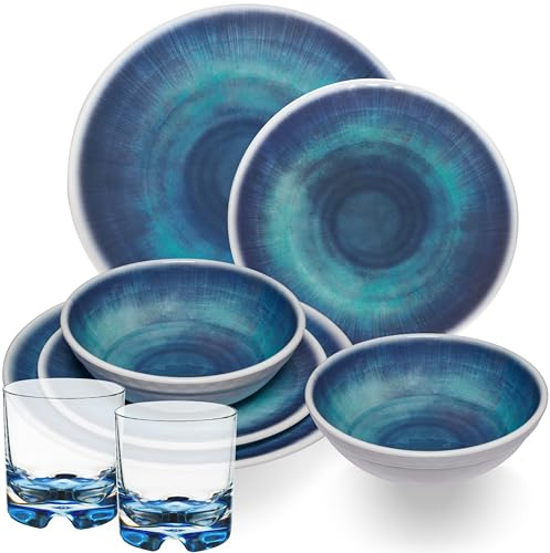 Jesolo Service de table en mélamine pour 2 personnes – 8 pièces – avec verre bleu 200 ml en polycarbonate – Aspect grès – Passe au lave-vaisselle – Vaisselle de camping, camping, festival