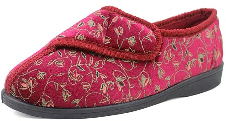 IMTY Womens Wide Opening Diabetic Orthopaedic Machine Washable Touch Fasten Slippers Ladies Floral Velour House Shoes (Red, UK Footwear Size System, Adult, Women, Numeric, Medium, 7)