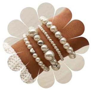 Inateannal Stapelbares Perlenarmband Perlen Stretch Elastisches Armband Set Weiß Perlen Stapelbar Armbänder Perle Herz Kugel Handkette Mehrlagig Armreif Braut Hochzeit Schmuck