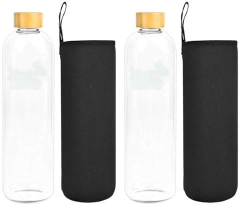 Glas-Wasserflasche mit Bambusdeckel, umweltfreundlich, recycelbar, ungiftig, BPA-frei, 2 x Flasche ohne Motto + schwarze Hülle, 1500 ml
