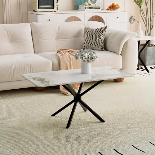 GOLDFAN Couchtisch Weiß Wohnzimmertisch Marmor im Industriestil, Rechteckiger Sofatisch, Kaffetisch, TV Tische, für Wohnzimmer, Schlafzimmer, 100 x 50 x 45cm