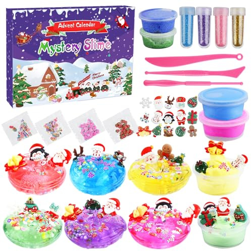Calendario de Adviento Slime 2025 para Niños, Calendario de Adviento Slime DIY 24 días de Cuenta atrás para Navidad, Sorpresas Navideñas Creativas, Regalo para Niñas Niños y jóvenes.