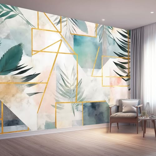 Papier Peint Panoramique Bleu-Vert 300 x 210 cm, Art Moderne Géométrique Feuilles Tropicales Thème Revêtement mural Décoration Chambre Design Moderne Intissé Tapisserie Photo Pour Chambre Salon