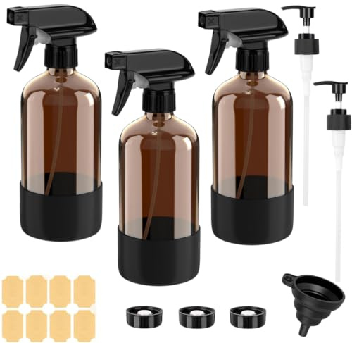 Amber Glass Spray Bottles 3 Pack, 500ml Glass Spray Bottles Refillable Water Spray Bottle with Adjustable Nozzle for Cleaning, Plants, Essential Oils & Hair Care | UV Protection for Sensitive Liquids