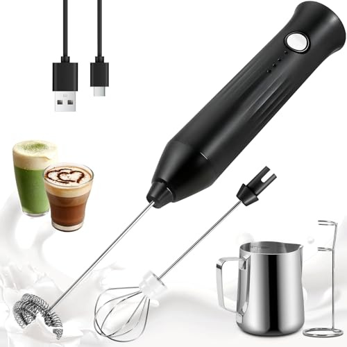 XSBAIHUO Powerful Milk Frother - Electric Handheld Milk Foam Maker with Stand, Milk Jug and 2 Stainless Steel Whisks, Rechargeable 3 Speeds for Coffee Lattes Cappuccino Matcha