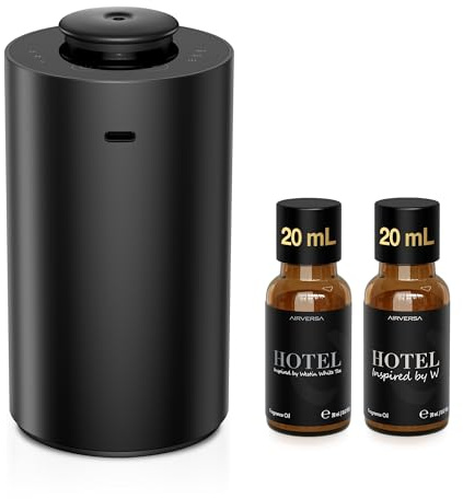 Airversa Waterless Essential Oil Diffuser Starter Kit with 2x20mL Hotel Fragrance Oils for Car Home Office,Premium Aluminum Housing, Up to 600 sq ft, Aroma Nebulizer Baterry Operated, ANX Kit-3 Black