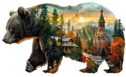 Jigfoxy Holzpuzzle für Erwachsene, Waldbär Holz Puzzle, einzigartiges Tierpuzzle aus Holz, Geschenk zu Weihnachten für Familie und Freunde, L-34 * 19.8cm-150Teile