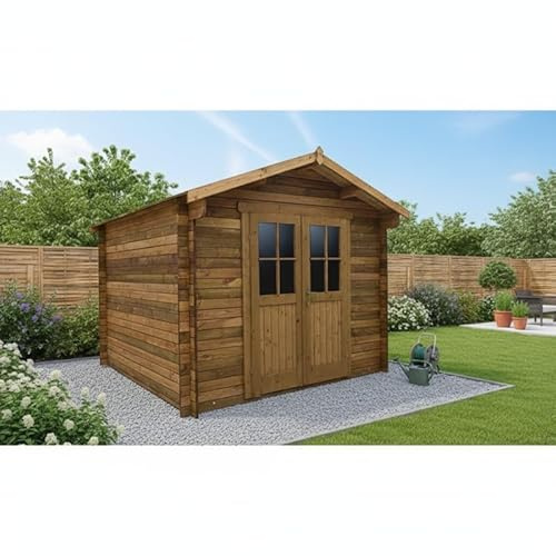 Gardy Shelter Plus | Abri de Jardin Bois Massif Traité 9m² 28mm | Rangement Extérieur Marron avec Toiture Voliges 20mm | Portes Robustes & Traitement Insecticide Fongicide