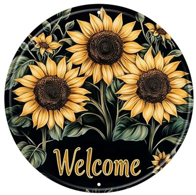 NiniArte Sunflower Round Metal Tin Sign Wreath Welcome Metal Tin Sign Vintage Aluminum Wall Art for Home Garden Porch Yard Fence Retro Wall Decor 8x8inch