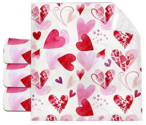 Paños de cocina de algodón con diseño de corazón rosa y rojo, 30 x 30 cm, paños de lavado súper suaves y absorbentes, regalo para el hogar, hotel, spa, toallas de mano pequeñas (paquete de 6)