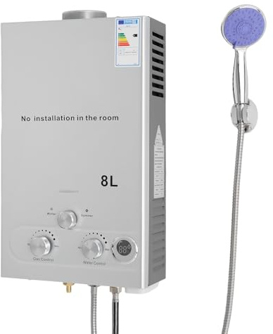 Chauffe-eau à gaz 8 l 18 kW GPL avec pommeau de douche, motif été et hiver, protection multiple, 0,2 bar, pression d'eau de démarrage pour maison et camping-car