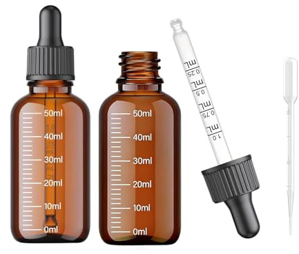 Xiqunw 2 Stück Pipettenflaschen 50ml Braunglas, Nachfüllbare Apothekerflaschen mit 2ml Pipette, Skala Tropfflasche für Ätherische Öle Parfümöle Flüssigfarbstoffe