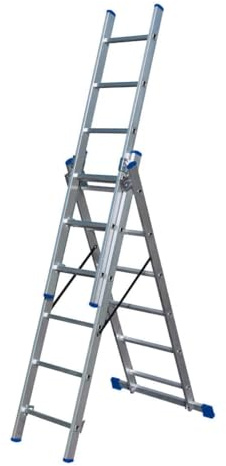 Bayersystem BS-DW 3x6 Mehrzweckleiter, 3x6 Sprossen, 3-teilige Alu-Kombileiter, bis 150 kg belastbar, max. Arbeitshöhe 4,05 m, Klappleiter, Multifunktionsleiter, Stehleiter, Silber/Blau