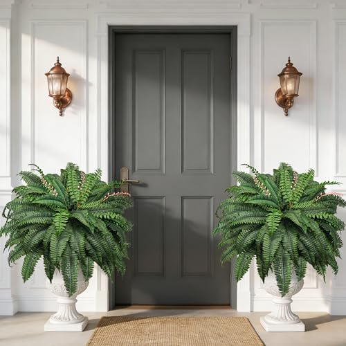Der Rose 2 Pack 49 Fake Ferns Large Artificial Ferns for Outdoors UV Resistant Faux Boston Fern Plants with 96 Fronds for Garden Porch Home Office Indoor Outdoor Decor